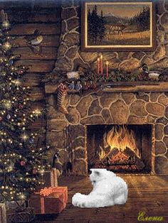 a painting of santa claus sitting in front of a fireplace next to a christmas tree