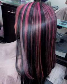 Shunk Chunky Highlights, Chunky Highlights Long Hair, Purple Hair Chunky Highlights, Ideas To Color Your Hair, Black Hair W Pink Highlights, Brown And Pink Highlights Hair, Dark Hair With Color Highlights, Chunky Color Highlights, Chunky Silver Highlights On Dark Hair