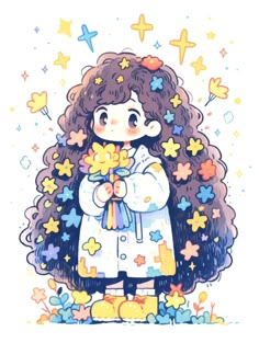 a drawing of a girl holding flowers in her hands and wearing a white coat with stars on