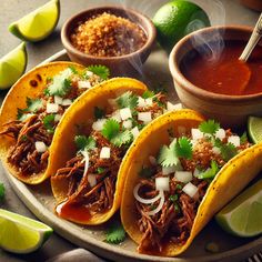 three tacos on a plate with sauce and limes