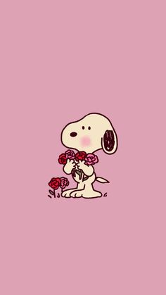 a cartoon dog holding roses in its mouth