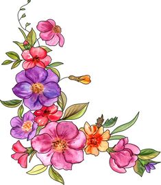 watercolor flowers on white background with green leaves and red, pink, purple, yellow and orange flowers