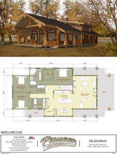 the plans for this small log cabin are shown in two different views, one with an open