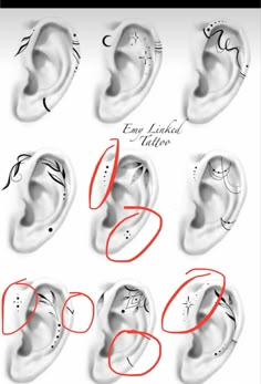 the different types of ear piercings are shown in black and white, with red lettering