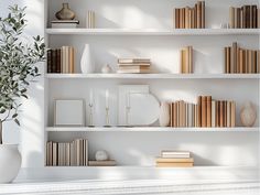 a white shelf filled with lots of books and vases on top of it's shelves