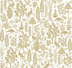 a white and gold wallpaper with trees, plants and birds