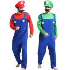 two men in mario and luigi costumes standing next to each other, one with a mustache on his head