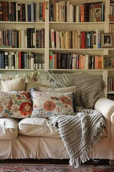 a living room filled with furniture and lots of books on the shelves in front of it