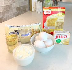 ingredients for cake sitting on a counter top