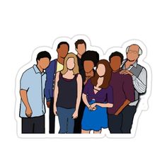 a group of people standing together with their arms around each other sticker on a white background