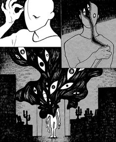 three different images with black and white artwork