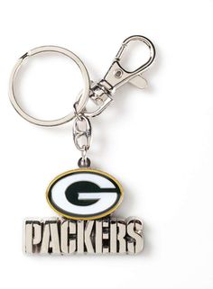 a keychain with the word packers on it and a green bay team logo