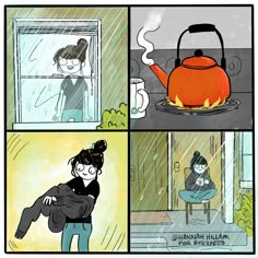 a comic strip with an image of a woman in the rain and a teapot on fire