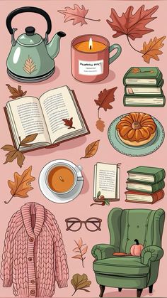 an image of autumn items and books on a pink background