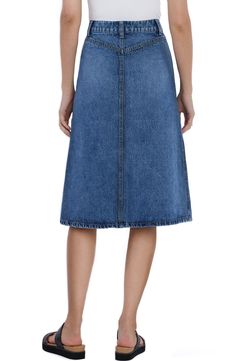 A paneled design lends vintage-inspired charm to this nonstretch-denim skirt cut to a classic midi length. 28" length (size 27) Zip fly with button closure Front scoop pockets 100% cotton Machine wash, tumble dry Imported Classic Denim Blue Denim Skirt, Classic High Rise Blue Denim Skirt, Classic Blue Mid-rise Denim Skirt, Dark Wash Knee-length Denim Skirt, Denim Blue Knee-length Skirt, Classic Denim Skirt In Denim Blue, Classic Denim Blue Skirt, Fitted Midi Length Denim Skirt, Midi Length Denim Skirt