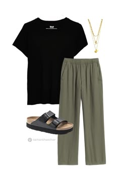 Mid Size Linen Pants Outfit, Dark Green Linen Pants Outfit, How To Wear Black Linen Pants, Olive Green Linen Pants Outfit, Outfits With Birkenstocks Sandals, Black Platform Outfit, Olive Linen Pants Outfit, Linen Trousers Outfit Summer, Green Linen Pants Outfit