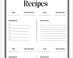 Recipe Page, Recipe Book Template, Printable Recipe Page, A4, Recipe Card, Recipe Journal, Modern Recipe Book Template, Digital Download - Etsy Printable Recipe Page, Recipe Book Templates, Recipe Journal, Recipe Page, Printable Recipe, Recipe Card, Book Template, Binders, Recipe Cards