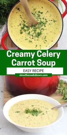 creamy celery carrot soup in a red pot with a wooden spoon and parsley on the side