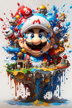 an image of mario on top of a floating island with different colored paint splatters