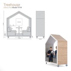 an image of a small house that is on wheels with the floor plan below it