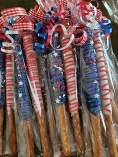 patriotic pretzels wrapped in plastic and tied with red white and blue streamers