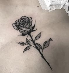 a black rose tattoo on the back of a woman's stomach, with leaves