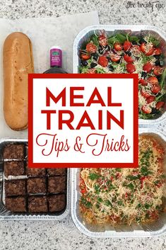 four meals in plastic containers with the words tips for taking meals to others on them