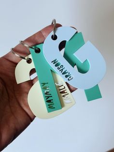 a hand holding three different shaped tags with the letter g on one side and the number five on the other