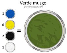 three different colors of paint next to each other in a metal can with the words verde musgo on it