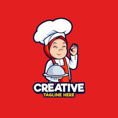 a woman chef holding a silver platter with the words creative on it and waving