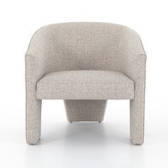 an upholstered chair with a rounded back and foot rest, viewed from the front