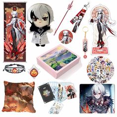 an assortment of anime themed items are shown