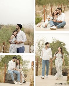 four photos of a couple holding each other and posing for pictures in front of the camera