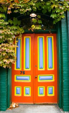 an orange and green door with vines growing over it