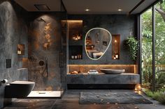 a bathroom with a large mirror, sink and bathtub in the middle of it