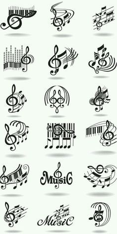 various musical symbols are shown in black and white, including trebles, music notes,