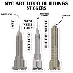 the new york art deco buildings stickers are shown in three different styles and sizes