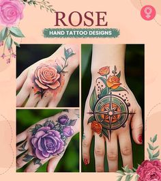 rose tattoo designs on both hands and fingers with roses around the ring, compass in center