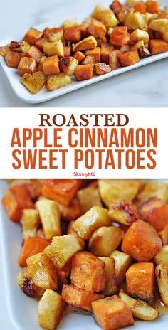 roasted apple cinnamon sweet potatoes on a white plate with the title in red text above it