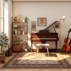 a living room filled with furniture and a piano in front of a window next to a potted plant