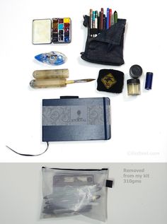 the contents of a travel kit laid out on top of each other, including pens and pencils