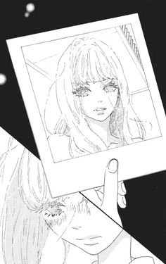 a drawing of a girl with long hair is shown in black and white, as if she's looking at the camera