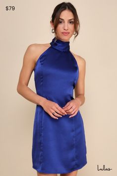 The Lulus Infinite Admiration Royal Blue Satin Halter Mini Dress is the sophisticated party dress that everyone will love! Sleek woven satin shapes this lovely dress that has a princess-seamed bodice and a high halter neckline that ties above a back keyhole cutout. A figure-skimming silhouette falls to a flirty mini hem. Hidden back zipper. Fit: This garment fits true to size. Length: Mid-thigh. Size medium measures 32.5" from top to bottom. Bust: Great for any cup size. Waist: Fitted - very fit Halter Hoco Dress, Halter Satin Dress, Wedding Rehearsal Dinner Dress, Sophisticated Party, Satin Halter Dress, Blue Satin Dress, Satin Bodycon Dress, Rehearsal Dinner Dresses