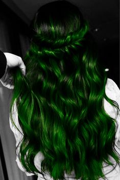 Jade Green Hair Color, Phantom Green Hair, Black To Green Hair, Dark Green Highlights In Brown Hair, Slytherin Hair, Funky Hair Color Ideas, Black And Green Hair