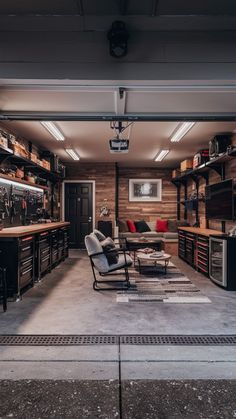 a living room filled with furniture and lots of shelves