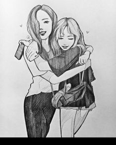 two girls hugging each other while one is holding her hand on her shoulder and the other has