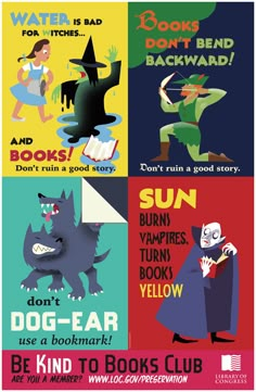 an advertisement for books with cartoon characters and words on the front, in four different colors