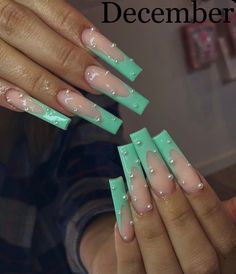 Mint Green Aesthetic Nails, April Inspired Nails, Nails With Pearls And Diamonds, April Birthday Nails, Cute April Nails, Green Trendy Nails, Nails With Pearls, Teal Acrylic Nails, Nail Art Fall