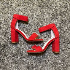 Jeffrey Campbell - Red Ankle Strap Block Heel Sandal Heel Velcro Suede Brand New, No Box Red Block Heels With Ankle Strap And Heel Strap, Red Block Heels With Ankle Strap, Spring Red Block Heels With 4-inch Heel, Red Ankle Strap Block Heels With Stacked Heel, Red Block Heels With Red Sole, Red Open Toe Block Heels, Red Block Heels With 4-inch Heel, Red Block Heels With Heel Strap, Red Sandals With 4-inch Block Heel