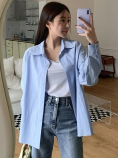 Blue Casual Collar Long Sleeve Cotton Striped Shirt Embellished Non-Stretch Spring/Fall Women Clothing Blue Chemise Outfit, Outfit Chemise Bleu, Outfits Camisa Azul, Blue Shirt Outfits Women, Blue Shirts Women, Blue Shirt Women Outfit, Shirt Outfits Women Casual, Blue Outfits For Women, Blue And White Striped Shirt Outfit